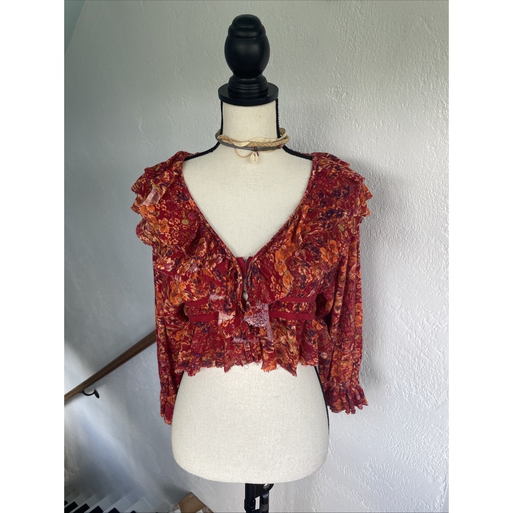 Free People Red Orange Floral Rudi Ruffle Cropped Long Sleeve Top - Picture 5 of 9